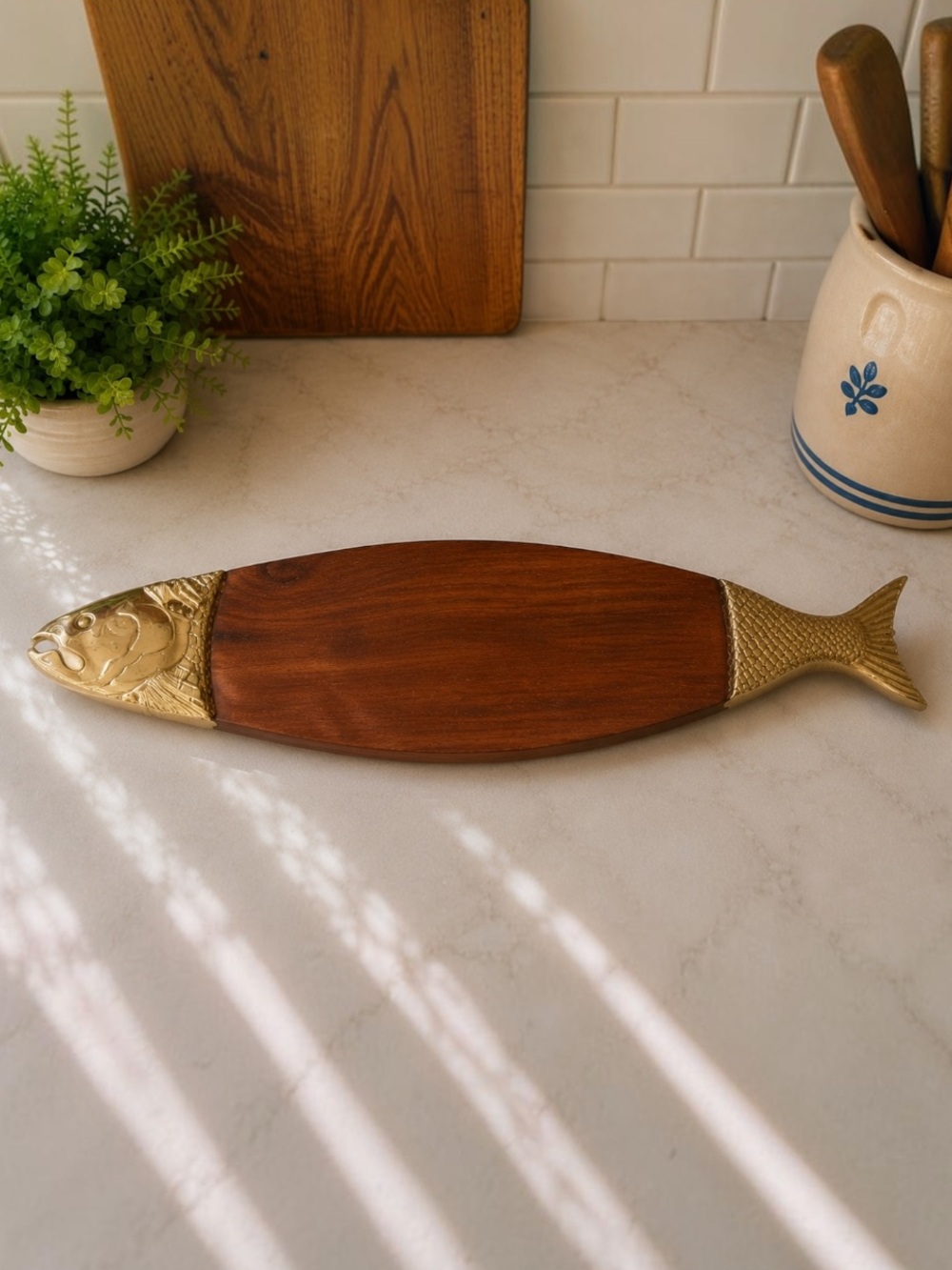 Vintage Ted Arnold Salmon Serving Platter | Gold & Wood Charcuterie Cheese Board